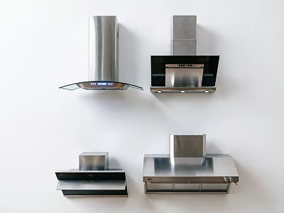 Various Styles of Stainless Steel Kitchen Range Hoods Mounted on White Wall for Modern Kitchens 3d model