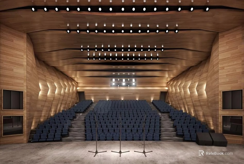 Spacious Conference Room With Wooden Walls Blue Seats Stage Microphone Stands And Ceiling Lights 3d model 