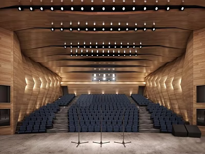 Spacious Conference Room With Wooden Walls Blue Seats Stage Microphone Stands And Ceiling Lights 3d model