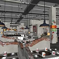 Industrial Style Hotpot Restaurant Interior With Brick Walls Hanging Lamps And Dining Tables