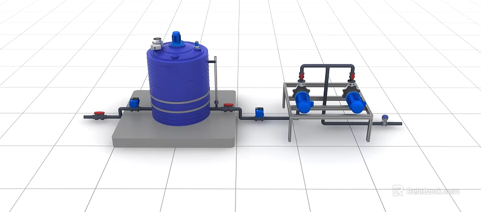 Industrial Equipment System With Blue Storage Tank Concrete Base Pipes And Pumps 3d model 