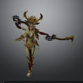 Woman in Ornate Red and Gold Armor with Horned Helmet and Decorative Weapon