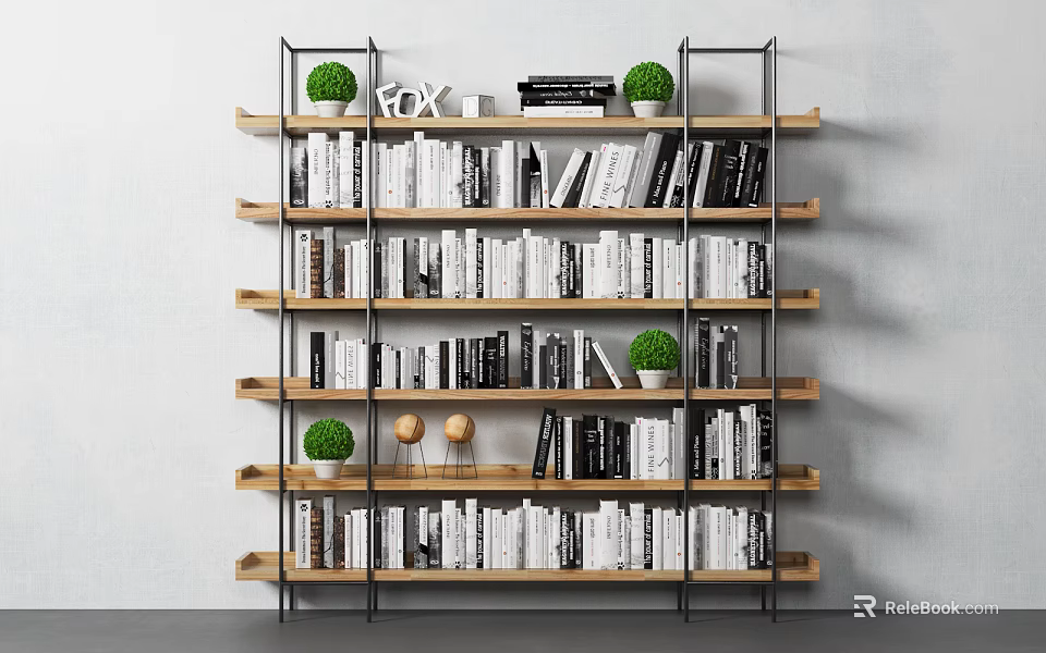 Modern Bookcase with Wooden Shelves Metal Frame Books Green Plants and Decorative Items 3d model 