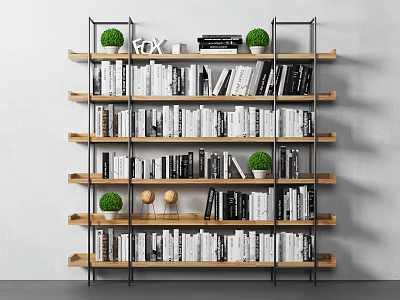 Modern Bookcase with Wooden Shelves Metal Frame Books Green Plants and Decorative Items 3d model