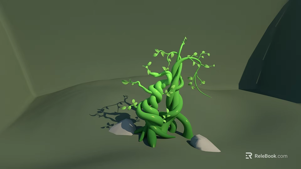 Green Twisted Vines with Coiled Stems and Small White Stones on Green Ground with Buds 3d model 