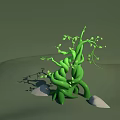 Green Twisted Vines with Coiled Stems and Small White Stones on Green Ground with Buds