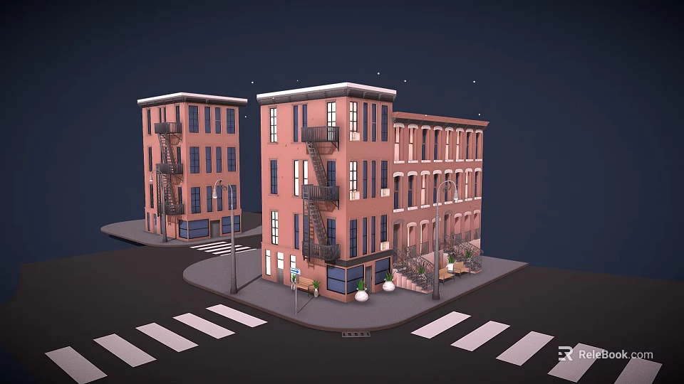 3D Rendered Urban Townhouses Architectural Styles Red Brick Black Fire Escapes Arched Windows Street Elements 3d model 