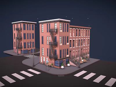 3D Rendered Urban Townhouses Architectural Styles Red Brick Black Fire Escapes Arched Windows Street Elements 3d model