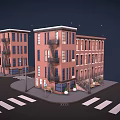 3D Rendered Urban Townhouses Architectural Styles Red Brick Black Fire Escapes Arched Windows Street Elements
