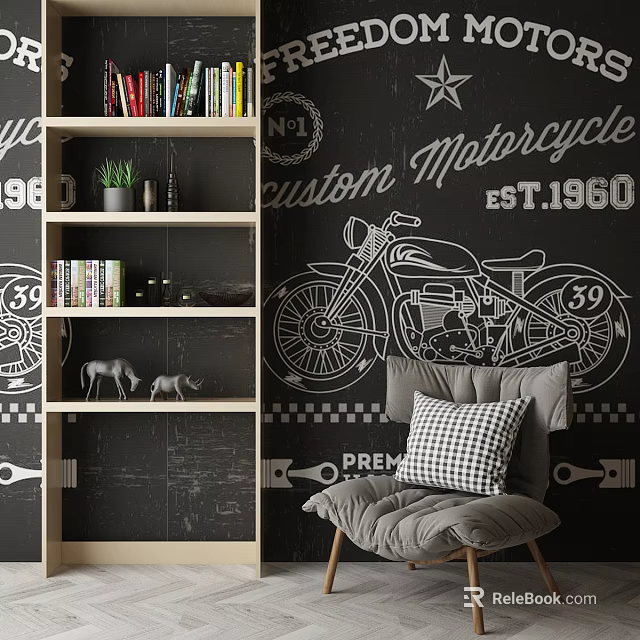 Single Sofa With Black And White Checkered Pillow In Motorcycle Themed Interior With Wooden Bookshelf 3d model 