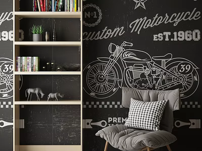 Single Sofa With Black And White Checkered Pillow In Motorcycle Themed Interior With Wooden Bookshelf 3d model