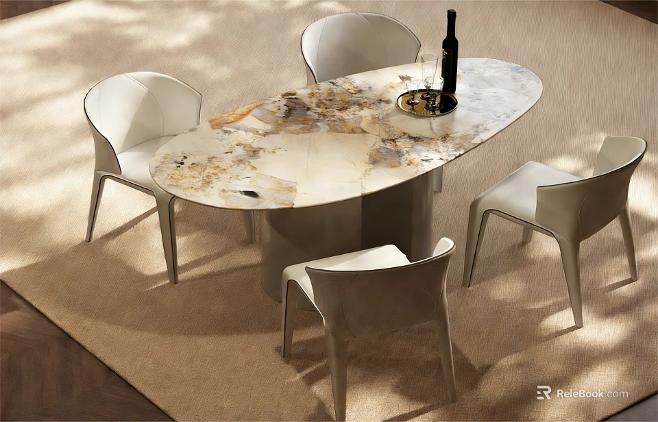 Elegant Oval Dining Table Set With Marble Patterned Top And Four White Modern Chairs 3d model 