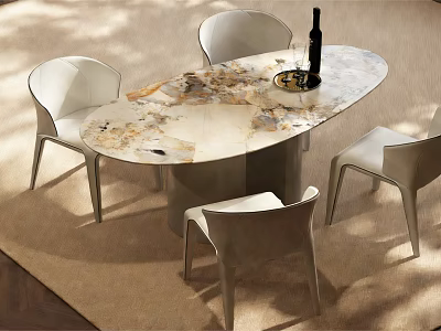 Elegant Oval Dining Table Set With Marble Patterned Top And Four White Modern Chairs 3d model