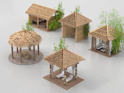 Traditional Thatch House Designs With Bamboo Plants And Wooden Seating Decks 3d model
