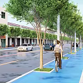 Scenic Commercial Street With Trees Buildings Pedestrians And Car On Colorful Road Lanes