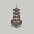 Traditional Chinese Pagoda With Multiple Tiers Overhanging Eaves Golden Decorations And Red Black Color Scheme
