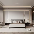 Modern Bedroom Interior Design With Bed Bedside Tables Pendant Lights And Armchair