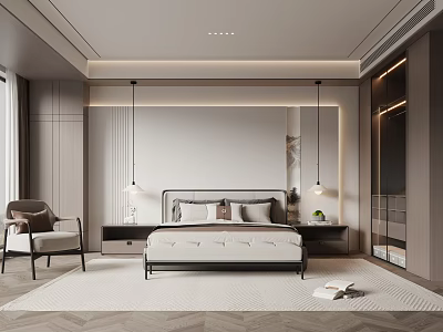 Modern Bedroom Interior Design With Bed Bedside Tables Pendant Lights And Armchair 3d model