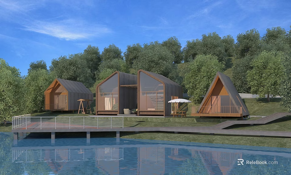 Modern Wooden Cabins With Glass Windows And Lakeside View Surrounded By Green Trees 3d model 
