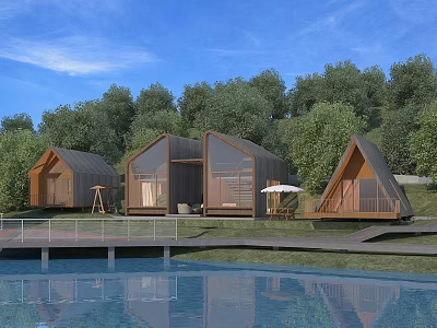Modern Wooden Cabins With Glass Windows And Lakeside View Surrounded By Green Trees 3d model
