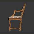 Classical Wooden Chair With Carved Armrests Legs And Geometric Pattern Upholstered Seat Backrest