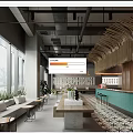 Modern Restaurant Interior With Wooden Accents Green Bar Counter Plants And Large Windows