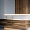 Modern Bathroom Vanity With Double Sinks Wooden Cabinets Gold Accents And Lighted Mirror