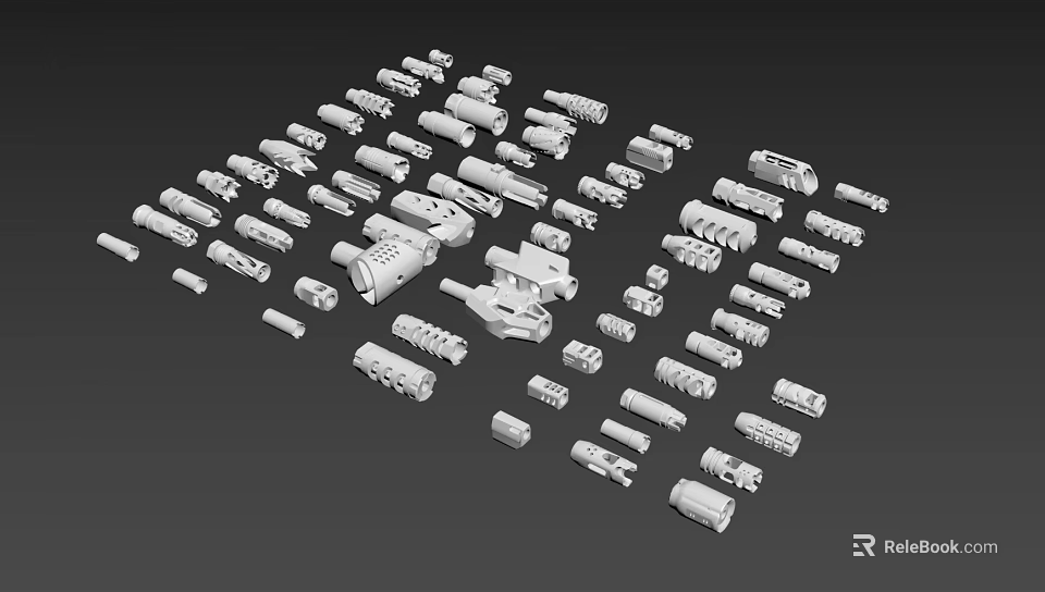 Different Types Of White Weapon Parts And Components On Black Background 3d model 