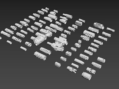 Different Types Of White Weapon Parts And Components On Black Background 3d model
