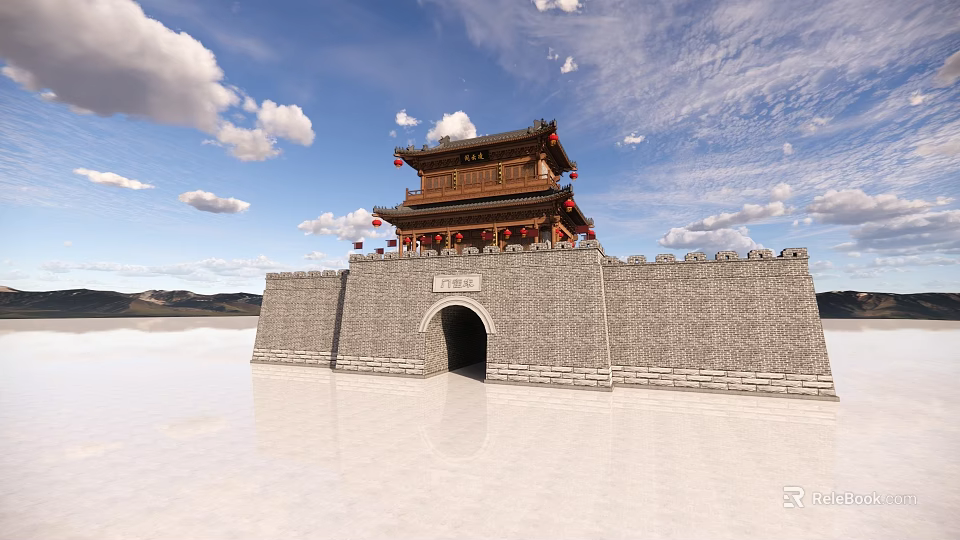 Ancient City Gate Tower Architecture With Gray Brick Walls Wooden Pavilion Red Decorations And Reflection 3d model 