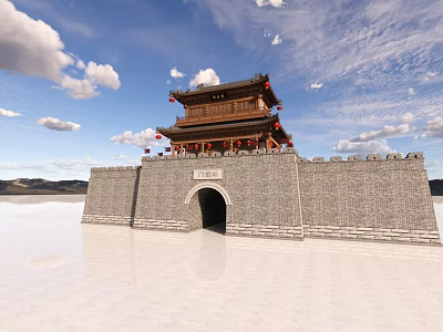 Ancient City Gate Tower Architecture With Gray Brick Walls Wooden Pavilion Red Decorations And Reflection 3d model