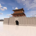 Ancient City Gate Tower Architecture With Gray Brick Walls Wooden Pavilion Red Decorations And Reflection