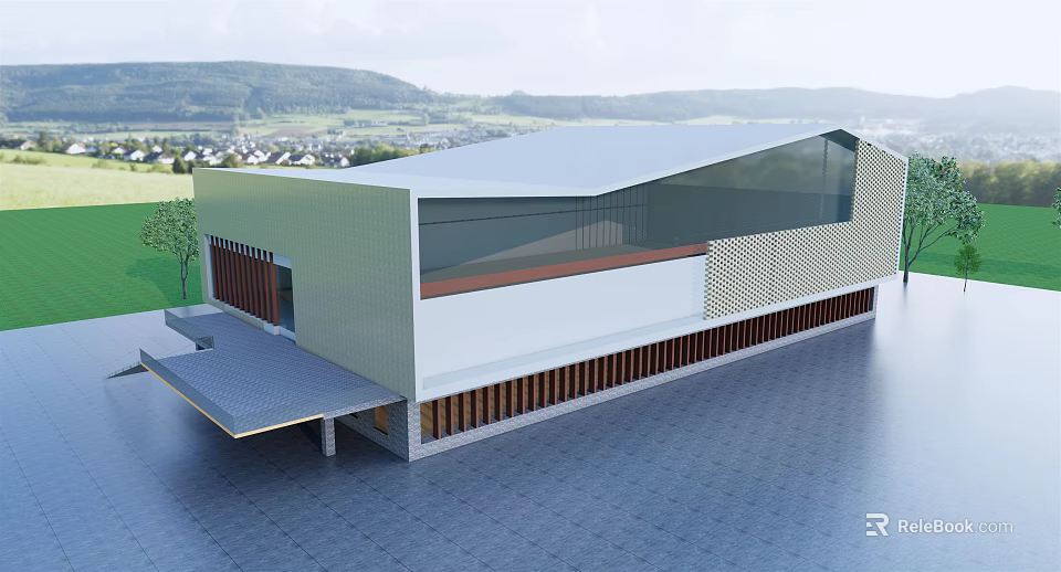 Modern Building Exterior Design With Glass Facade Panel And Terrace In Natural Landscape 3d model 