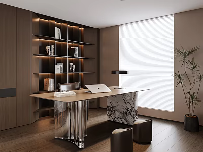 Modern Study Room Interior With Wooden Bookshelves Marble Desk Table Lamp And Floor Plant 3d model
