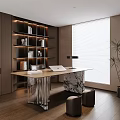 Modern Study Room Interior With Wooden Bookshelves Marble Desk Table Lamp And Floor Plant