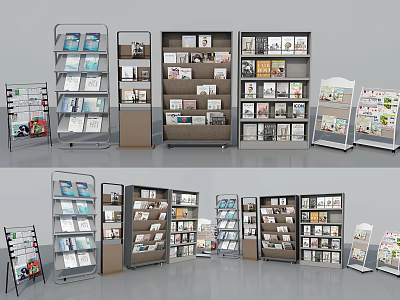Multi Tiered Magazine Display Racks With Metal Frames And Various Publications 3d model
