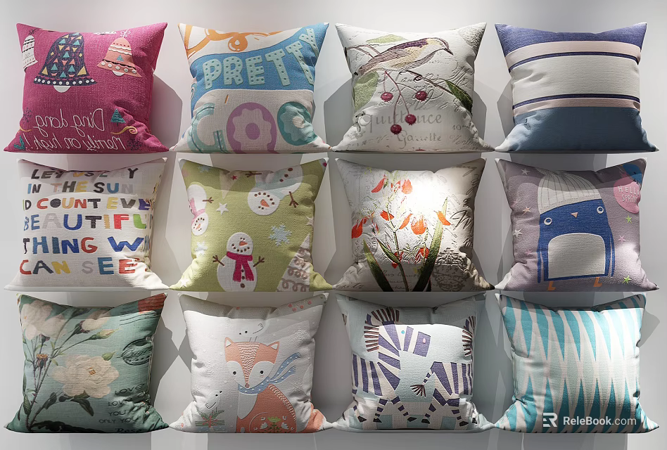 Various Patterned Throw Pillows With Floral Cartoon Text And Stripe Designs 3d model 
