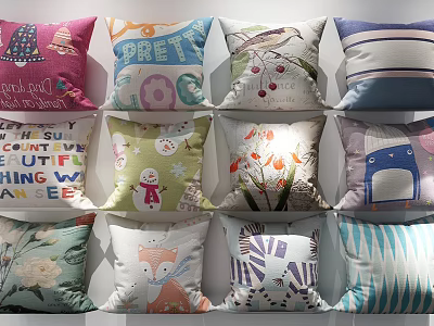 Various Patterned Throw Pillows With Floral Cartoon Text And Stripe Designs 3d model