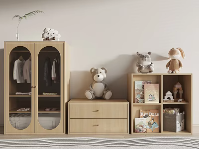 Wooden Storage Cabinet Shelf with Glass Doors Drawer for Kids Room Toys Teddy Bear Books 3d model