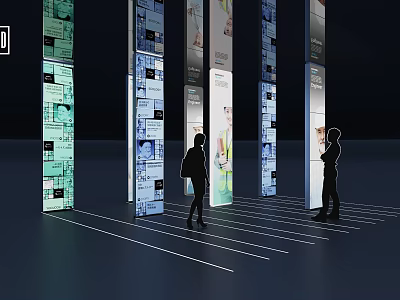 Modern Exhibition Hall Design Columns With Digital Display Panels And Visitors Observing 3d model