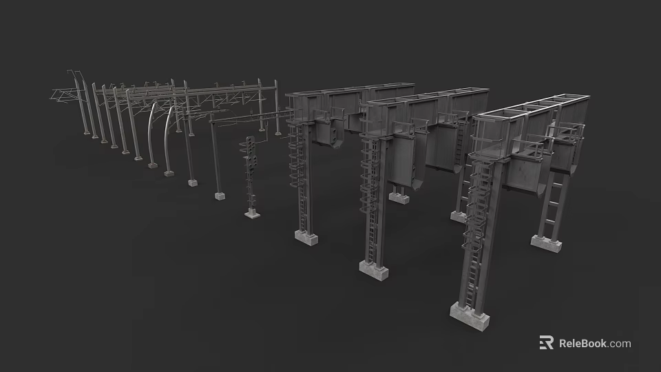 Train Railway Infrastructure 3D Model With Metal Support Frames And Steel Components 3d model 
