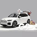 White Car Open Trunk Setup With Decorative Lights Plants And Tables