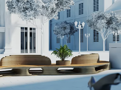 Wooden Landscape Seating With Central Potted Plant White Building Trees And Street Lamps 3d model