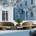 Wooden Landscape Seating With Central Potted Plant White Building Trees And Street Lamps