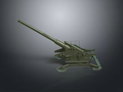 Vintage Green Artillery Gun With Long Barrel And Wheel Mounted Carriage On Gray Gradient Background 3d model