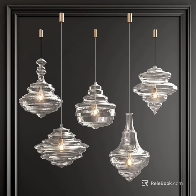 Five Transparent Glass Chandeliers With Unique Spiral Designs Illuminated Golden Hooks Black Background 3d model 