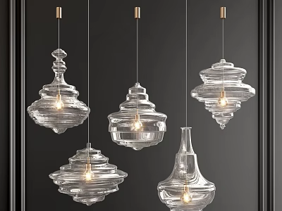 Five Transparent Glass Chandeliers With Unique Spiral Designs Illuminated Golden Hooks Black Background 3d model
