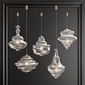 Five Transparent Glass Chandeliers With Unique Spiral Designs Illuminated Golden Hooks Black Background