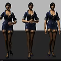 Women in Blue Uniform Dresses with Black Stockings High Heels and Glasses in Different Poses