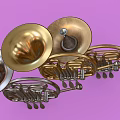 Multiple Brass French Horns Musical Instruments Stacked On Purple Background